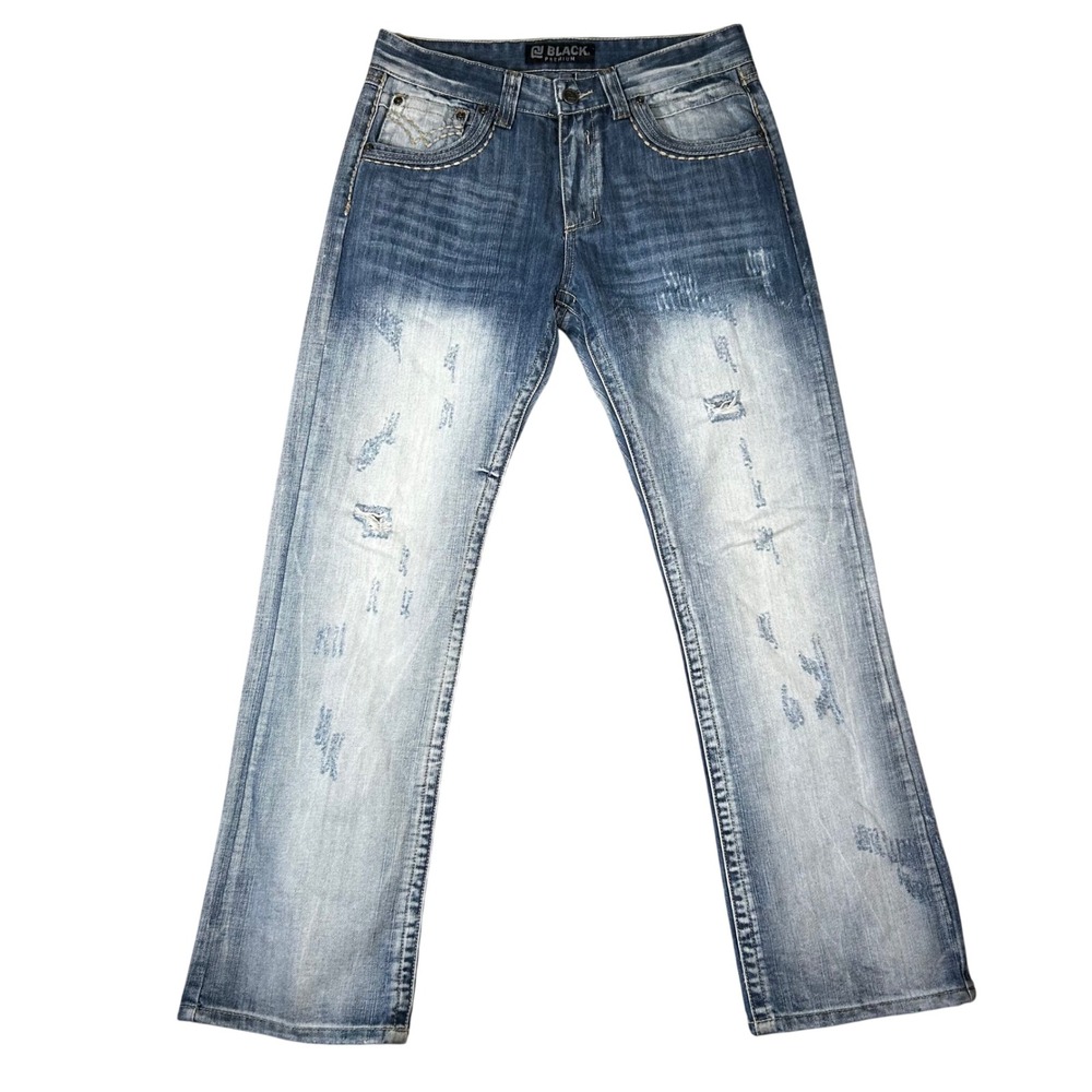 CJ Black Premium Mens Bootcut Distressed Jeans Blue Liberty Chief Patch 32 Moto